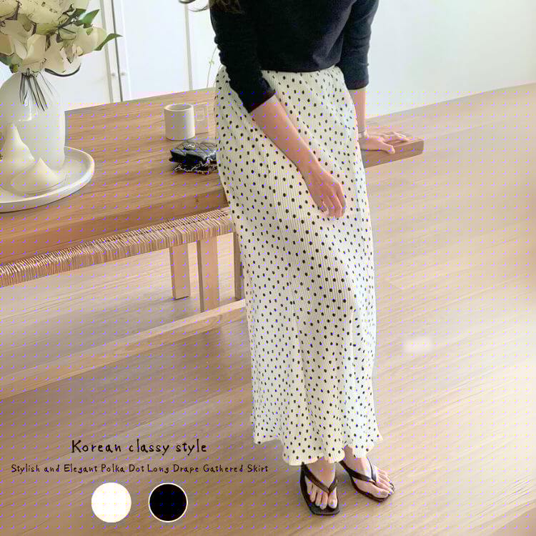 韓国風 ミニプリーツ ドット柄 ロング丈 スカート|ボトムス|レディースファッション