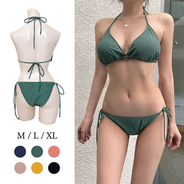 シンプル無地 ホルターネック 三角 ビキニ 水着