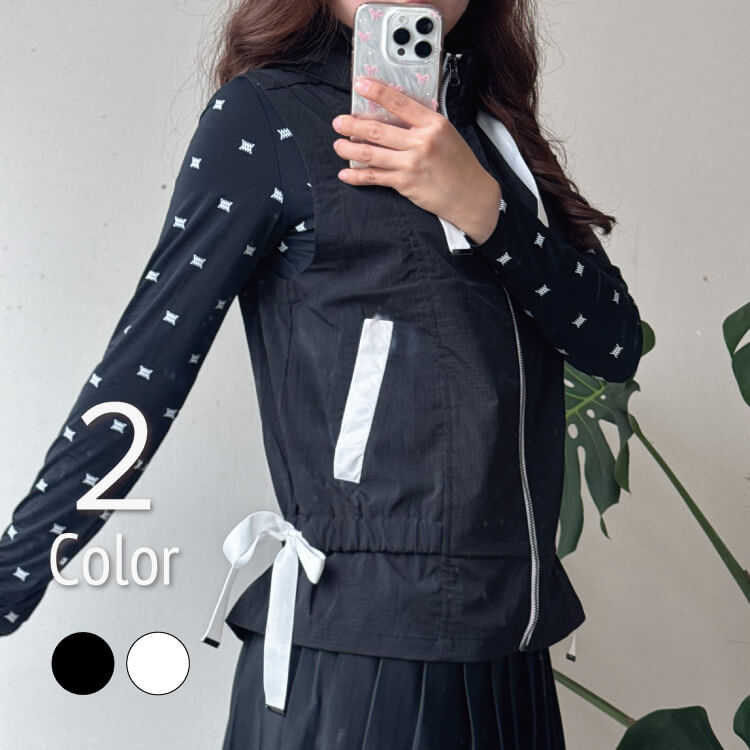 韓国ゴルフウェア フード付き フリル リボン ベスト