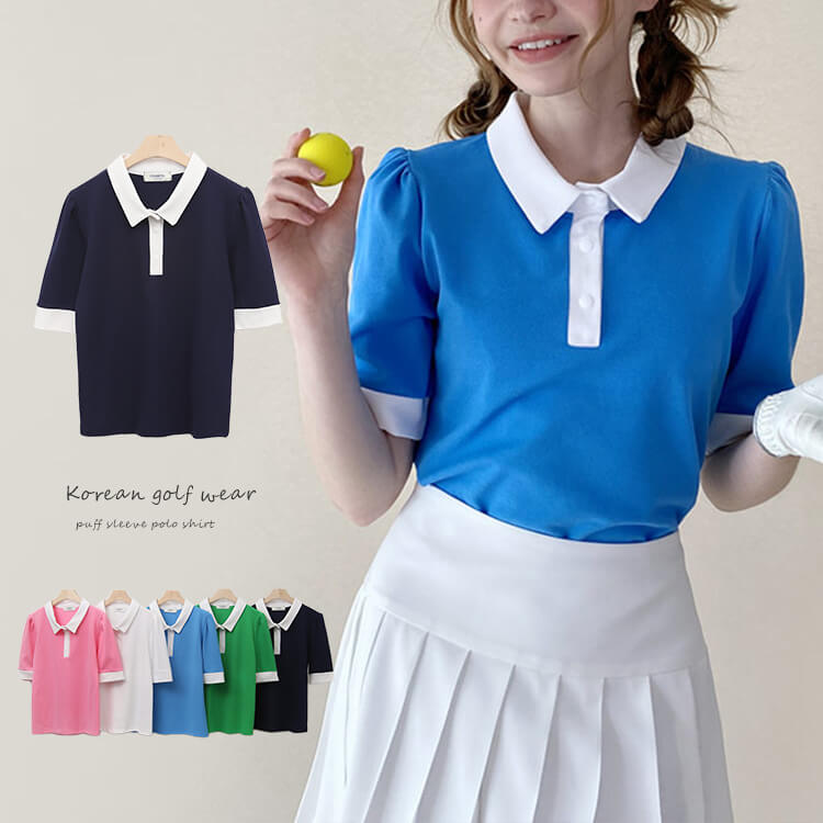 韓国 ゴルフウェア パフ袖 ポロシャツ レディース Tシャツ 夏