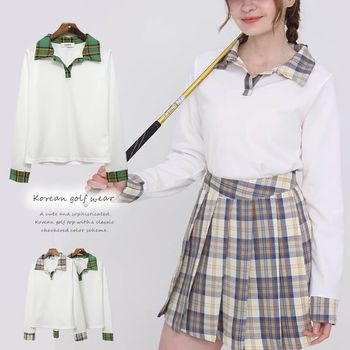 韓国 ゴルフウェア 長袖 チェック柄 レディース ポロシャツ
