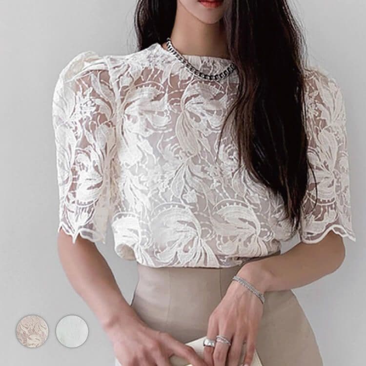 ブラウス シアー 刺繍 レース 韓国 五分袖 トップス 