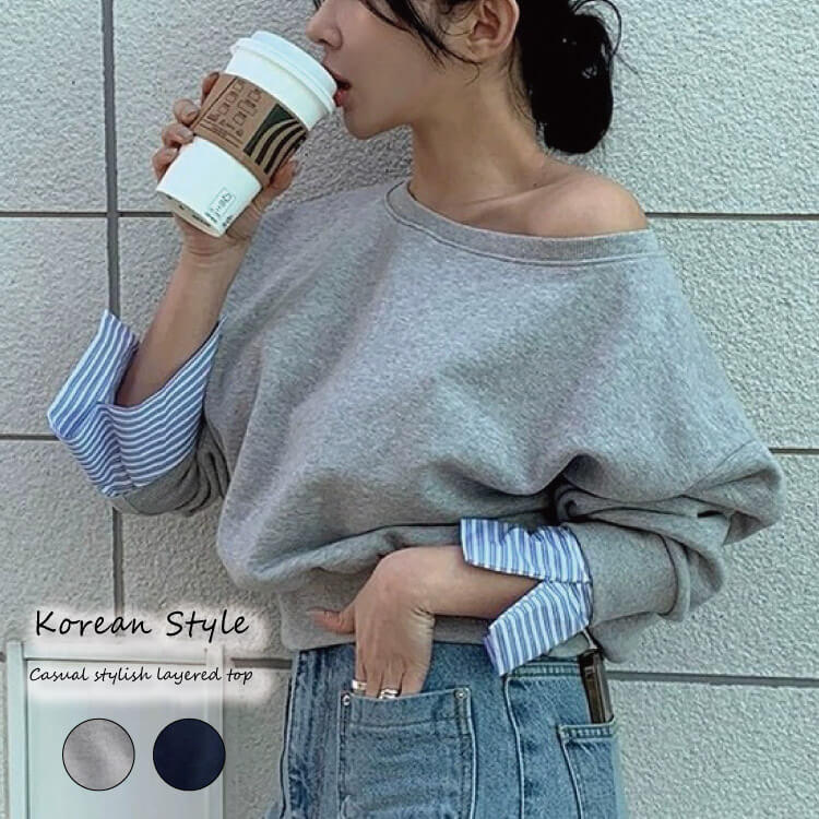 ボーダー袖でカジュアルだけどきれいめに。上品さと抜け感を両立したレイヤード風スウェットトップス