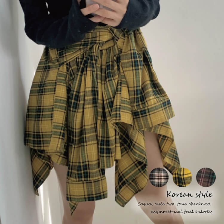 シャツ巻き風デザイン チェック柄 キュロットスカート