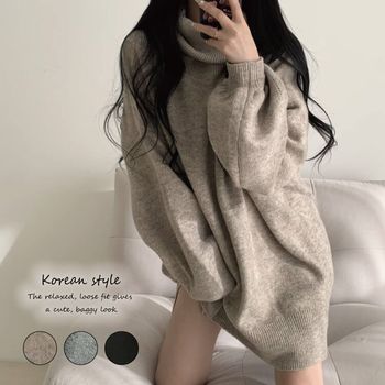 ゆったり ひざ丈 タートルネック ニットワンピース