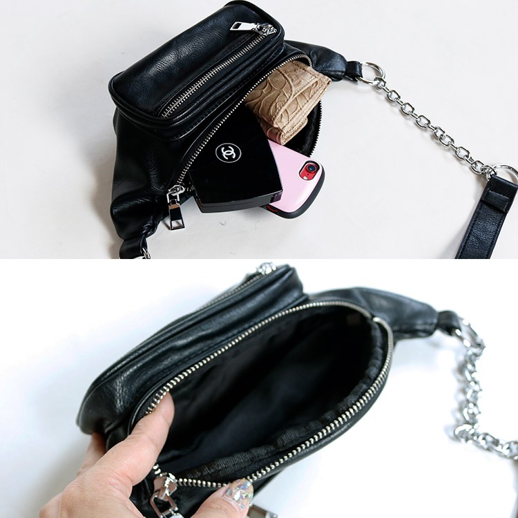 斜め掛け PUレザー チェーン ボディバッグ