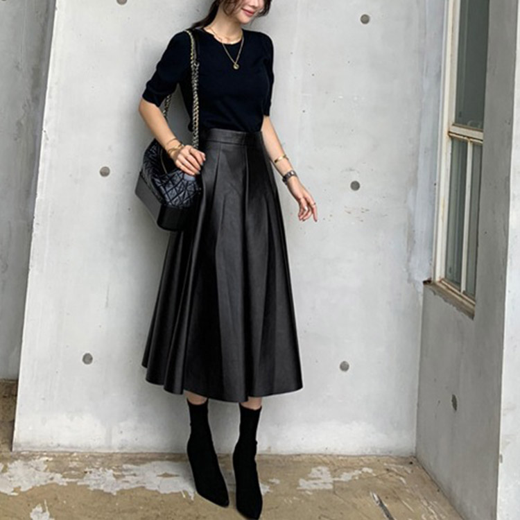ミモレ丈 フレアライン フェイク レザースカート