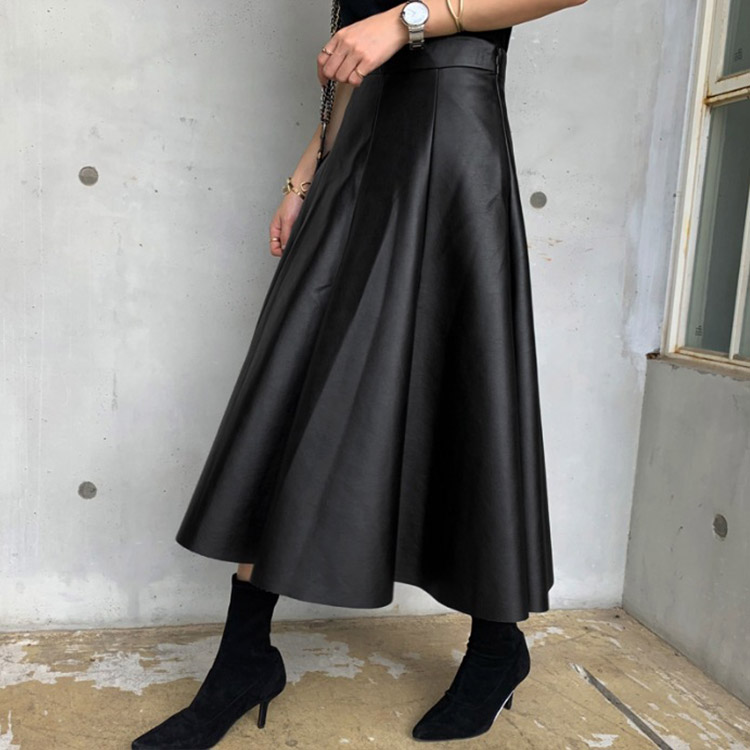 ミモレ丈 フレアライン フェイク レザースカート