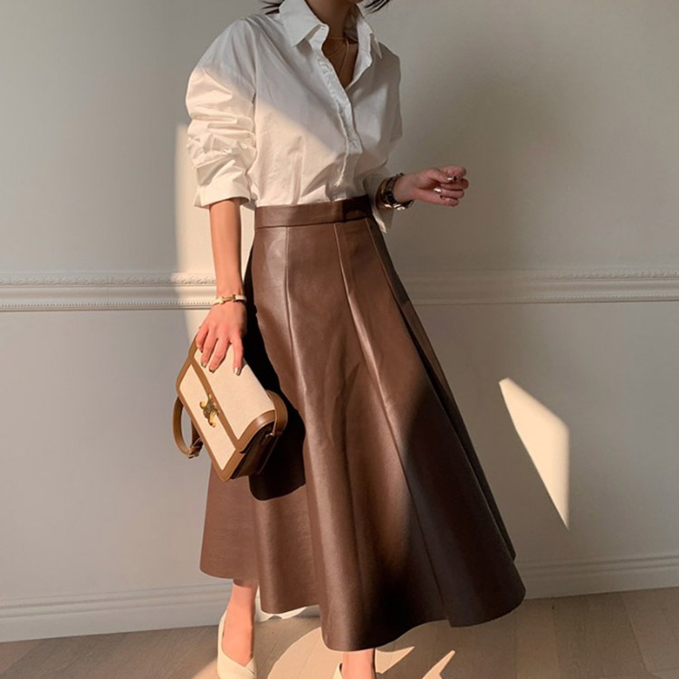 ミモレ丈 フレアライン フェイク レザースカート