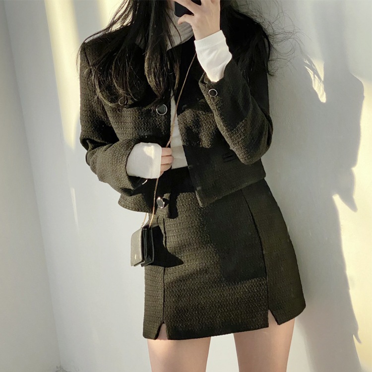 長袖 ショートジャケット ミニスカート タイト ツーピース 韓国 ショート丈 ノーカラージャケット タイトスカート 上下スーツ