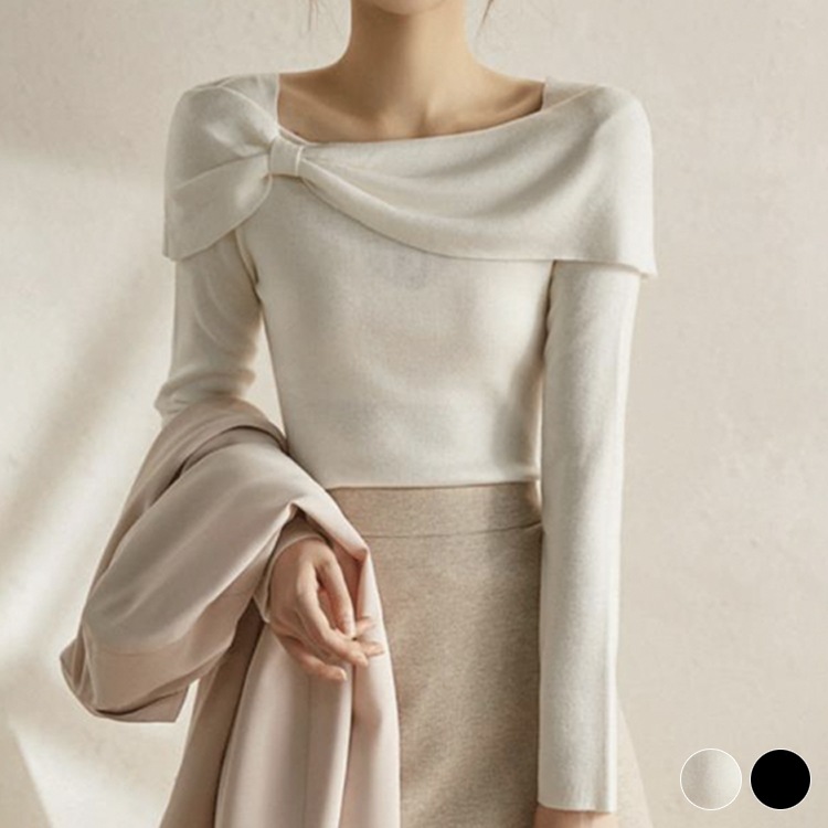 リボンがかわいい スラッシュドネック ニット トップス