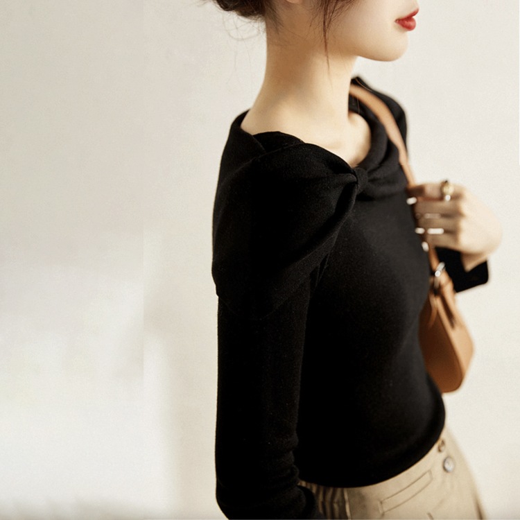 リボンがかわいい スラッシュドネック ニット トップス