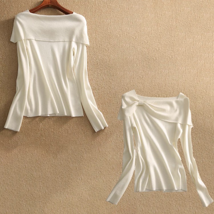 リボンがかわいい スラッシュドネック ニット トップス