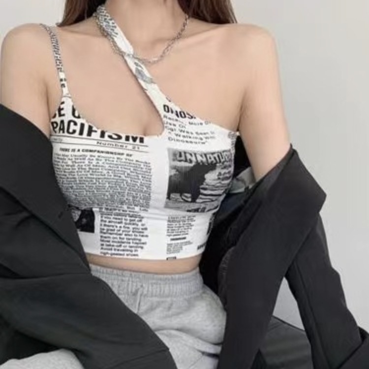 英字 プリント柄 アンシンメトリー カップ付 ヨガウェア