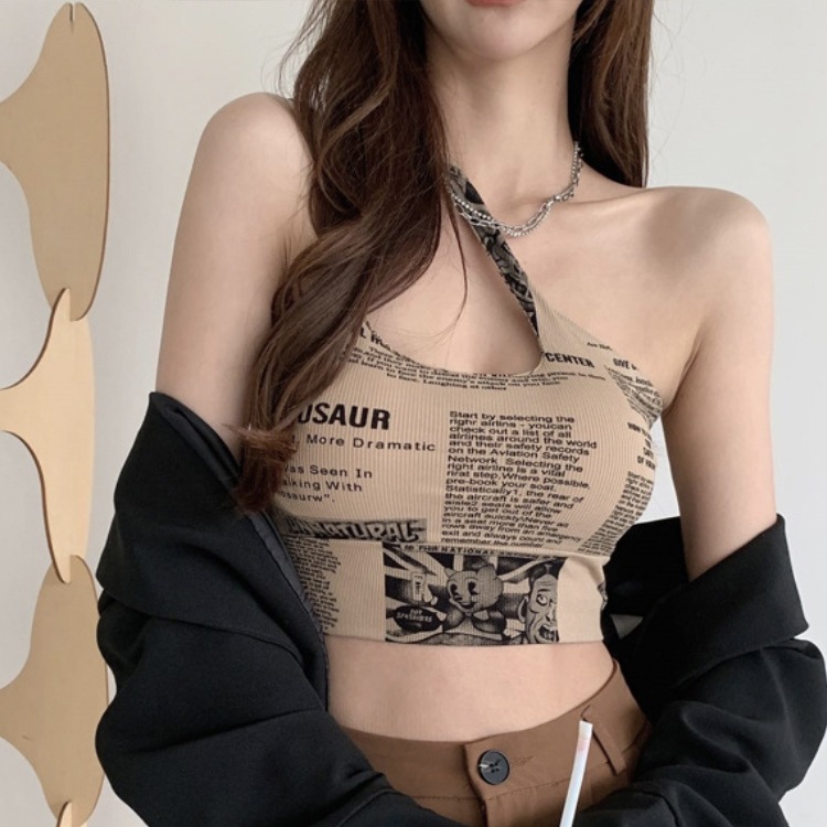 英字 プリント柄 アンシンメトリー カップ付 ヨガウェア