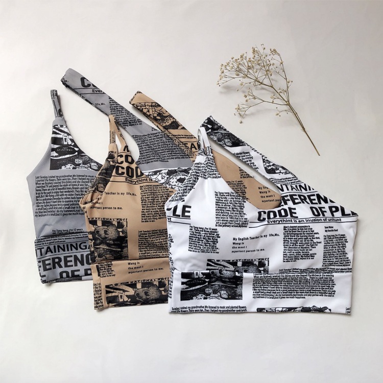 英字 プリント柄 アンシンメトリー カップ付 ヨガウェア