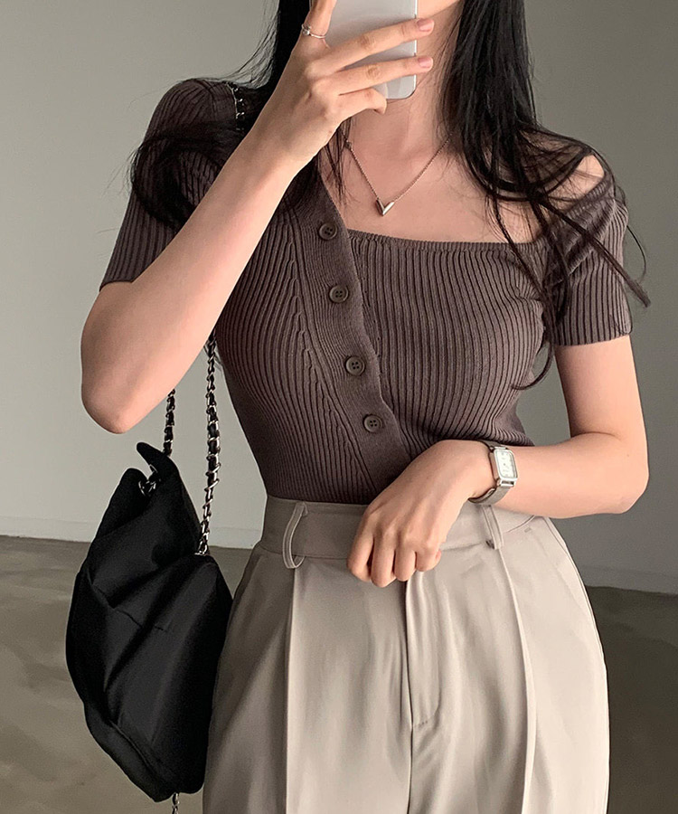 アンシンメトリー 半袖 オフショルダー ニット