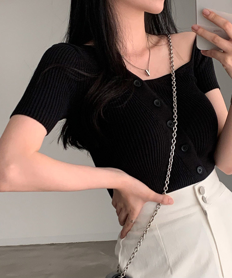 アンシンメトリー 半袖 オフショルダー ニット