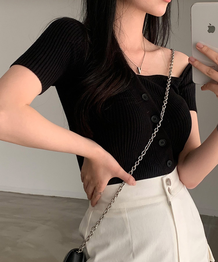 アンシンメトリー 半袖 オフショルダー ニット