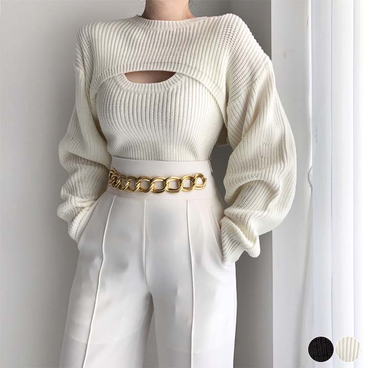 ドローストリング カットアウト 春 秋 冬 ニット フリーサイズ 長袖 黒 韓国 XU】design damage knit 5（ニット/セーター）｜XU（エックス