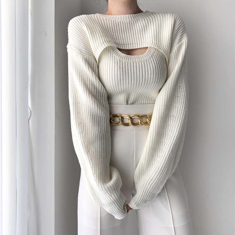 カットアウト デザイン 長袖 ニット セットアップ