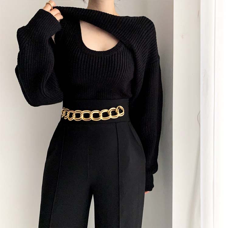 カットアウト デザイン 長袖 ニット セットアップ