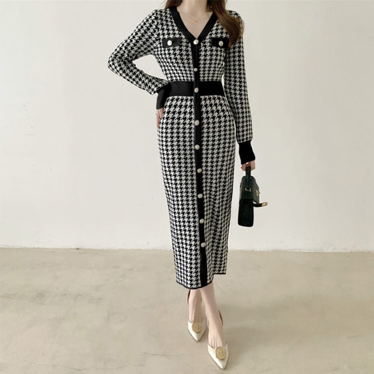 千鳥格子柄 Vネック ウエスマーク ミモレ丈