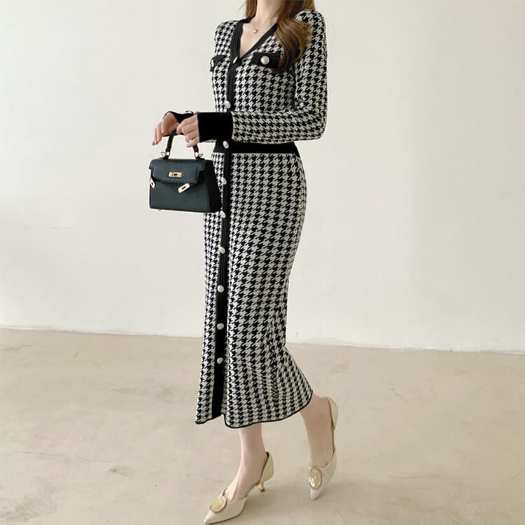 千鳥格子柄 Vネック ウエスマーク ミモレ丈