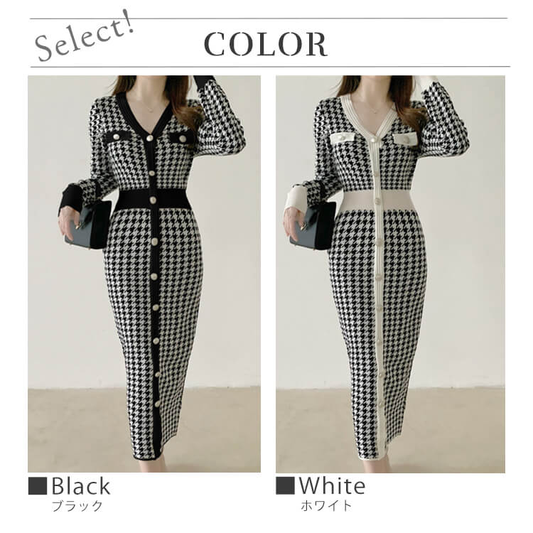 千鳥格子柄 Vネック ウエスマーク ミモレ丈