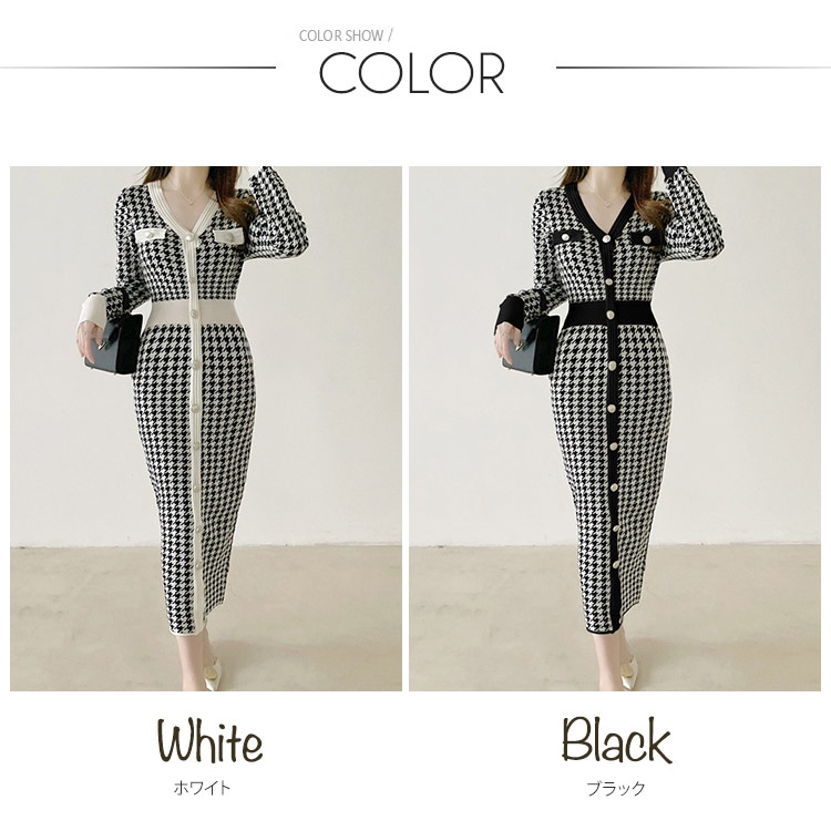 千鳥格子柄 Vネック ウエスマーク ミモレ丈