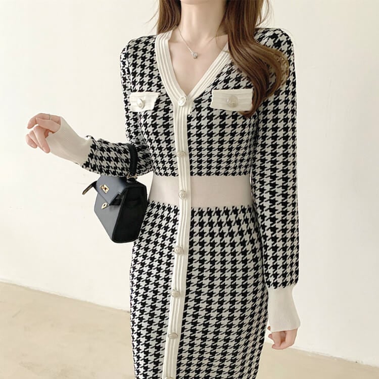 千鳥格子柄 Vネック ウエスマーク ミモレ丈