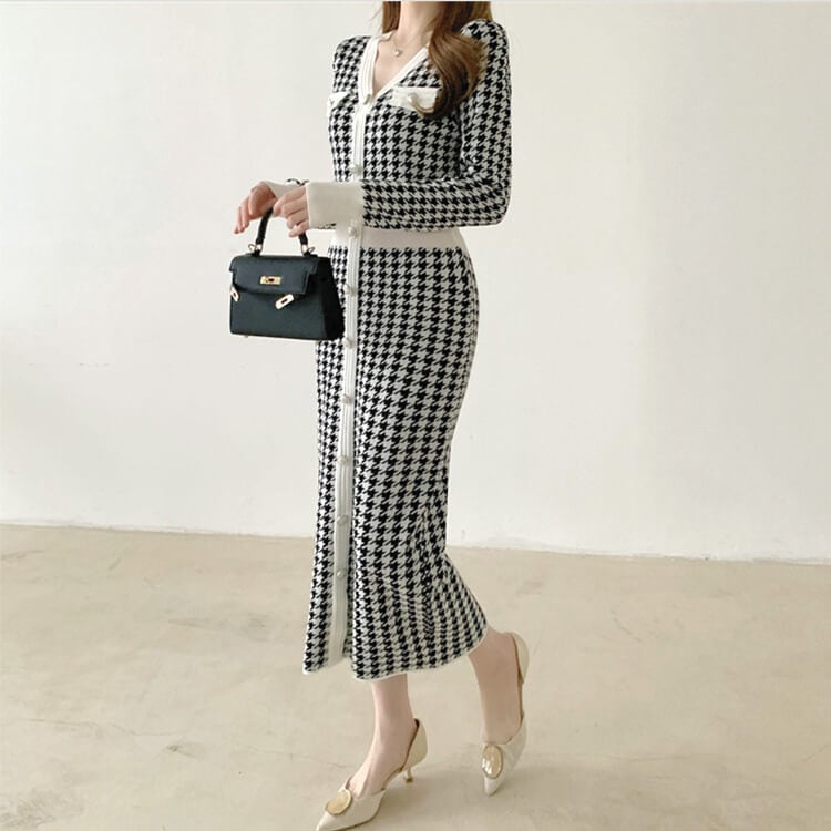 千鳥格子柄 Vネック ウエスマーク ミモレ丈