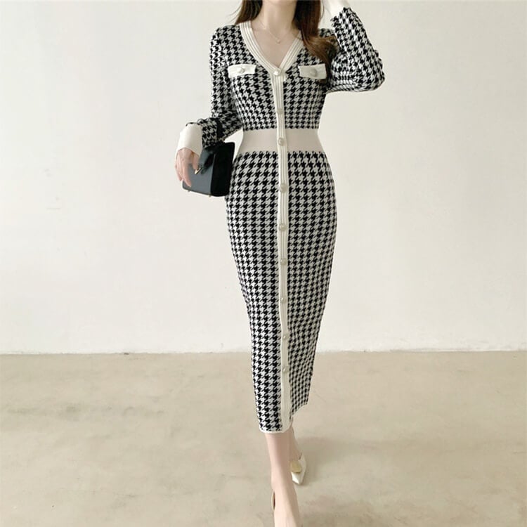 千鳥格子柄 Vネック ウエスマーク ミモレ丈