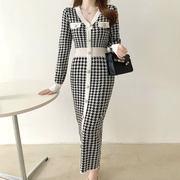 千鳥格子柄 Vネック ウエスマーク ミモレ丈