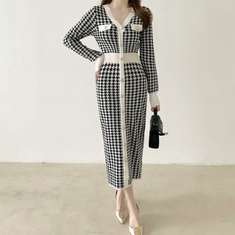 千鳥格子柄 Vネック ウエスマーク ミモレ丈