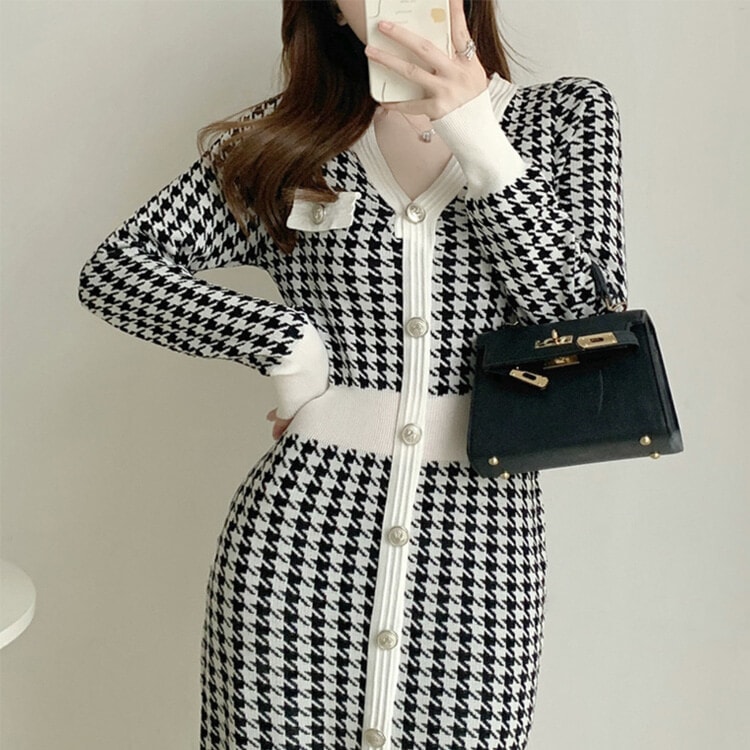 千鳥格子柄 Vネック ウエスマーク ミモレ丈