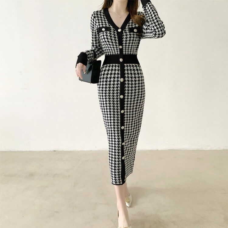 千鳥格子柄 Vネック ウエスマーク ミモレ丈