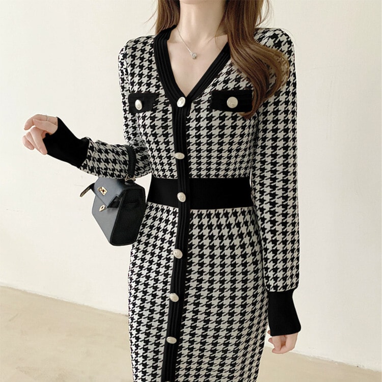 千鳥格子柄 Vネック ウエスマーク ミモレ丈