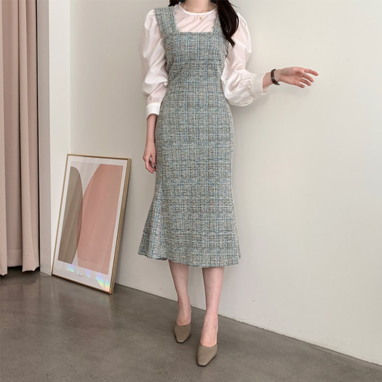 ミックスカラー ツイード セミロング丈 ジャンパースカート