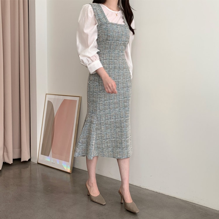 ミックスカラー ツイード セミロング丈 ジャンパースカート