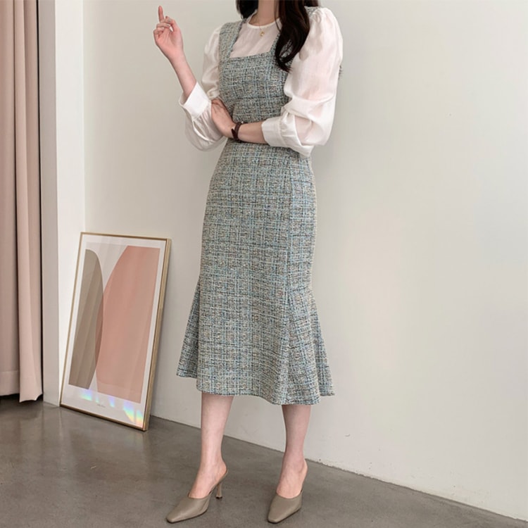ミックスカラー ツイード セミロング丈 ジャンパースカート