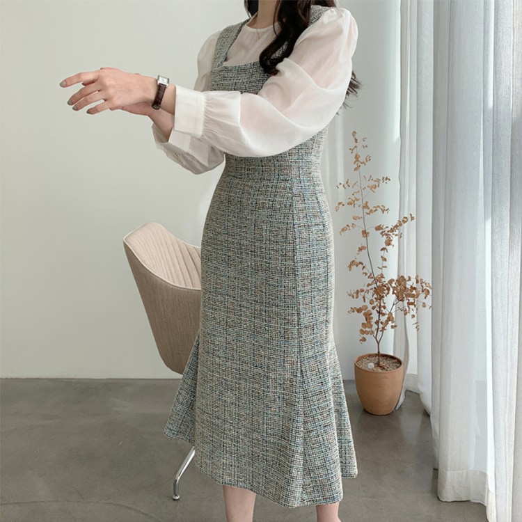 ミックスカラー ツイード セミロング丈 ジャンパースカート