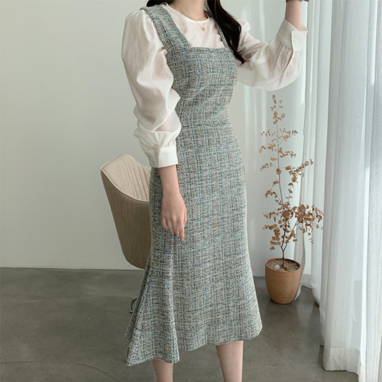 ミックスカラー ツイード セミロング丈 ジャンパースカート