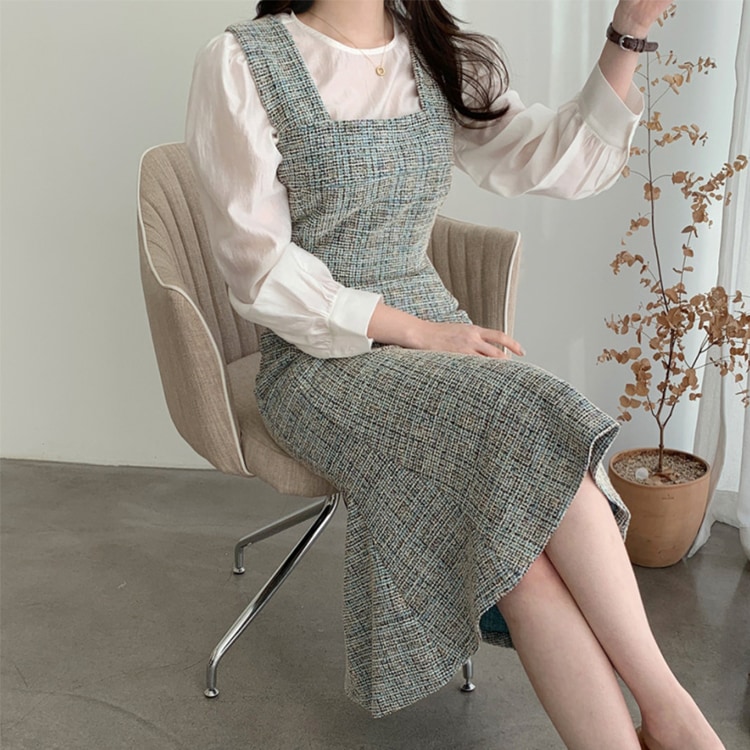 ミックスカラー ツイード セミロング丈 ジャンパースカート