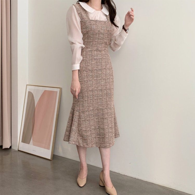 ミックスカラー ツイード セミロング丈 ジャンパースカート