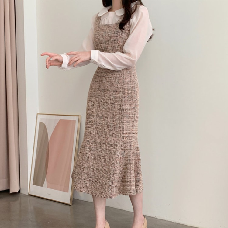 ミックスカラー ツイード セミロング丈 ジャンパースカート