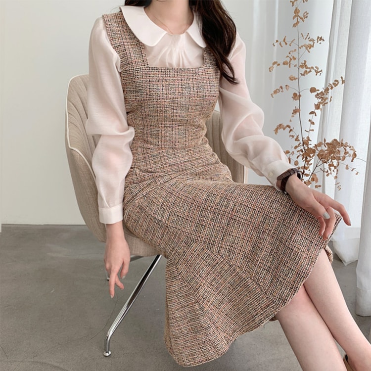 ミックスカラー ツイード セミロング丈 ジャンパースカート