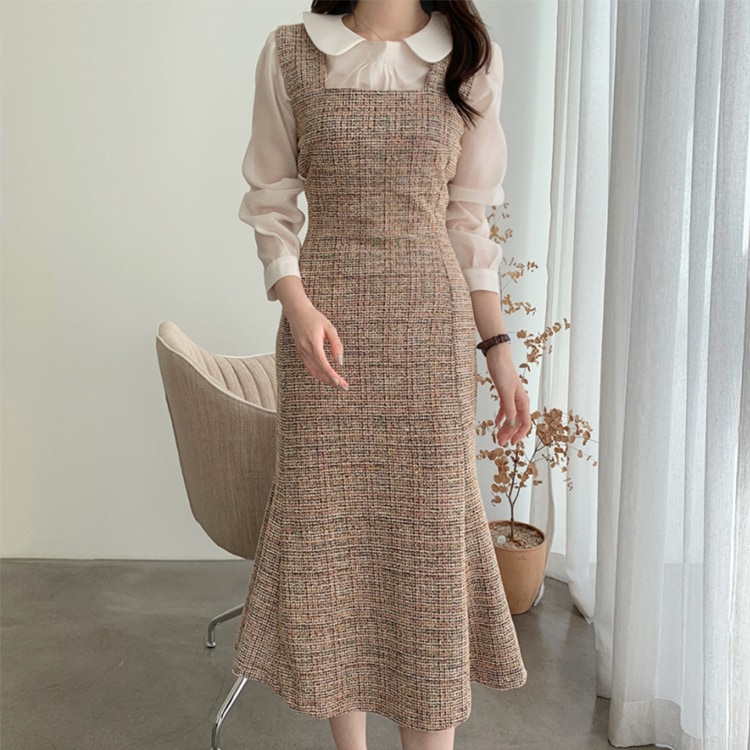 ミックスカラー ツイード セミロング丈 ジャンパースカート