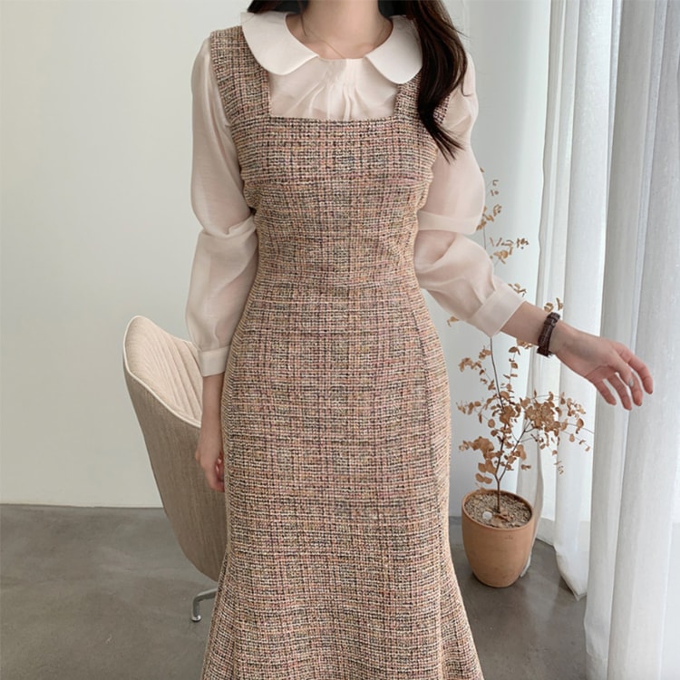 ミックスカラー ツイード セミロング丈 ジャンパースカート