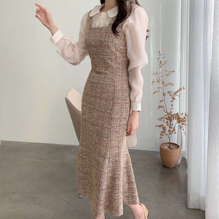 ミックスカラー ツイード セミロング丈 ジャンパースカート